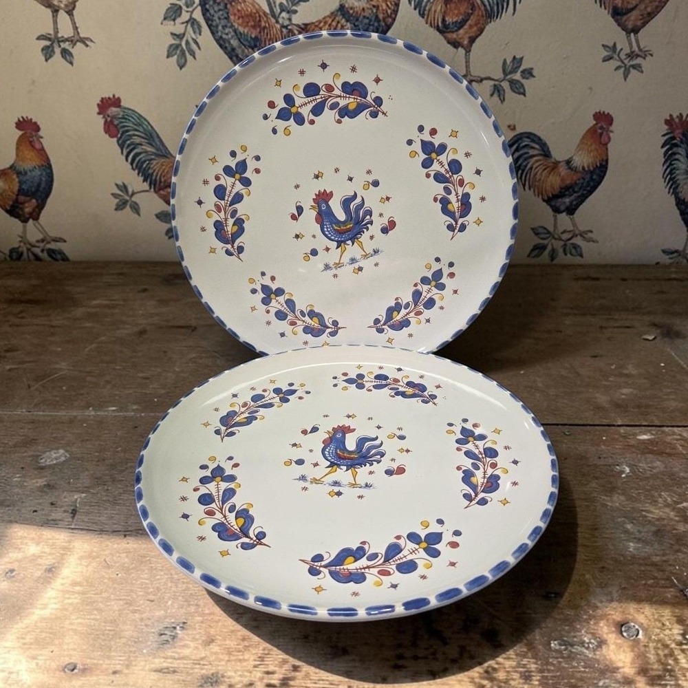 PV Deruta Blue Rooster Salad Plates, Set Of 2, Vintage Floral Farmhouse Dishes